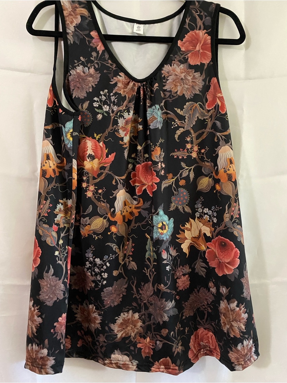 Chaos Monkey 2XL Floral Tank Top Black Botanical Print Pleated Scoop Neck